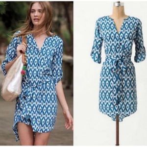 Anthropologie Maeve  Blue 3/4 Sleeve Ikat Shirt Dress